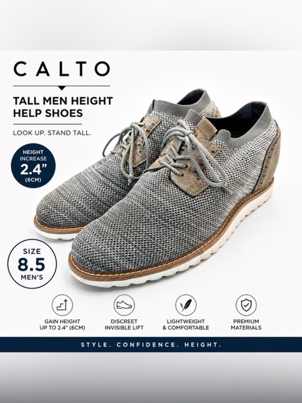 CALTO Gray Knit Elevator Shoes | Men’s Size 8.5 | Height Increase Sneakers
